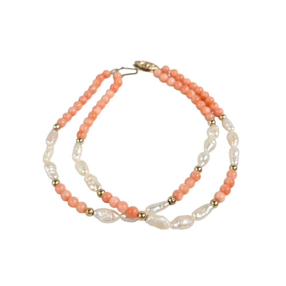14k Solid Gold Baroque Fresh Water Pearl‎ & Angel Skin Coral Beads Bracelet 8" - Picture 3 of 11